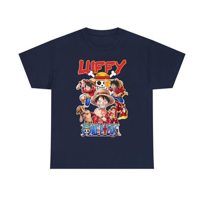 Luxurious navy blue t-shirt featuring iconic characters from 'One Piece', showcasing a vibrant design with Luffy and his crew, perfect for anime enthusiasts.