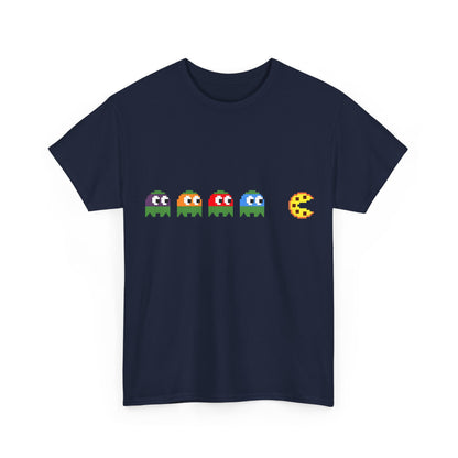 Chic navy unisex tee shirt adorned with playful Teenage Mutant Ninja Turtles Pizza Pursuit graphic, merging nostalgia and luxury.