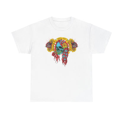 Luxury stunning skull t-shirt featuring a vibrant floral design, showcasing a fierce woman skull with flowing red hair, surrounded by decorative roses and flowers. Ideal for artistic and bold fashion statements.