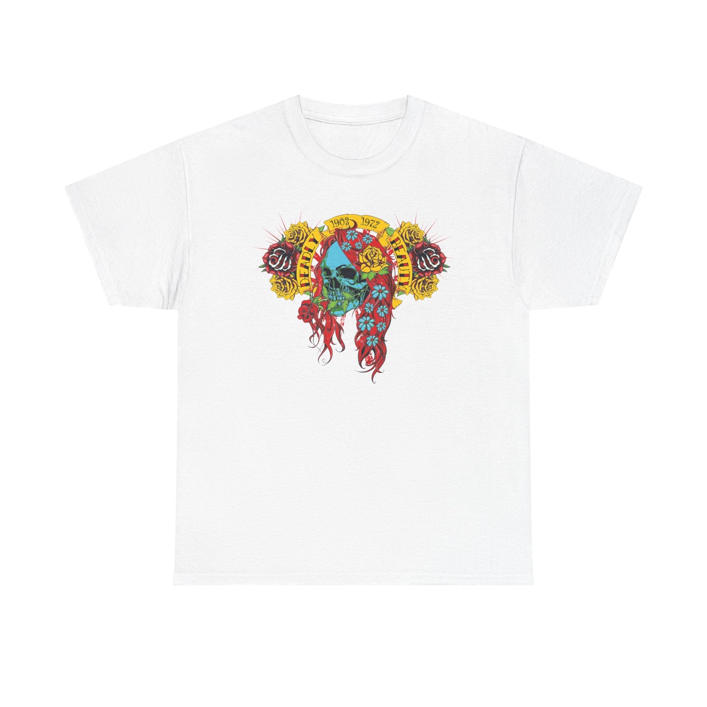 Luxurious white t-shirt featuring striking graphic design of a vibrant skull adorned with flowing red hair, surrounded by intricate floral elements in rich hues of yellow, red, and teal, encapsulating a stunning blend of elegance and edginess.