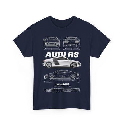 Front view of a stylish navy blue men's t-shirt featuring a detailed graphic design of the iconic Audi R8 sports car, blending fashion with automotive passion.