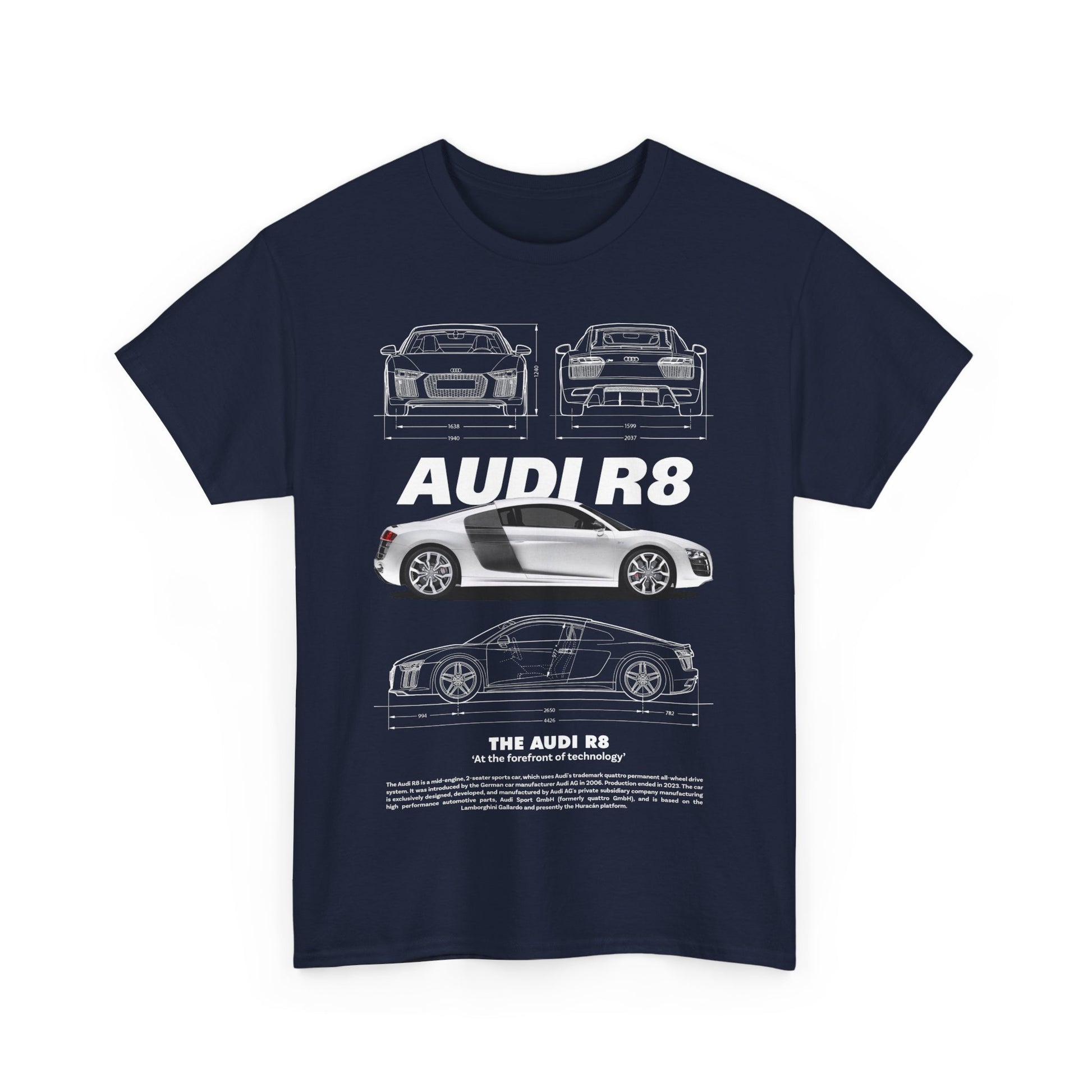 Stylish navy blue men's t-shirt featuring a detailed design of the Audi R8, showcasing its iconic profile and engineering lines, perfect for automotive enthusiasts and luxury fashion lovers.