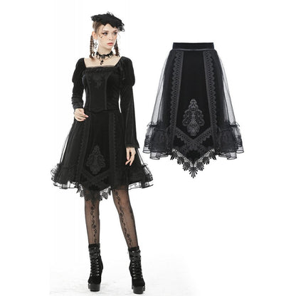 Elegant black velvet mesh skirt featuring intricate baroque embroidery, high-waisted design, and asymmetrical hem for an enchanting gothic look.
