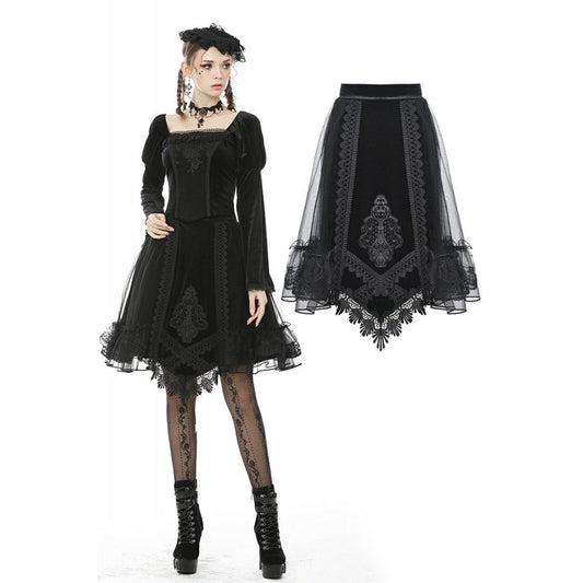 Elegant black velvet mesh skirt featuring intricate baroque embroidery, high-waisted design, and asymmetrical hem for an enchanting gothic look.