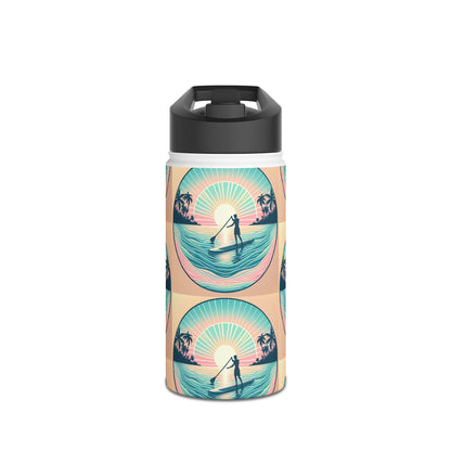Luxury Fantasy Paddleboarding Stainless Steel Water Bottle featuring a vibrant design with a paddleboarder against a pastel sunset, perfect for outdoor enthusiasts.