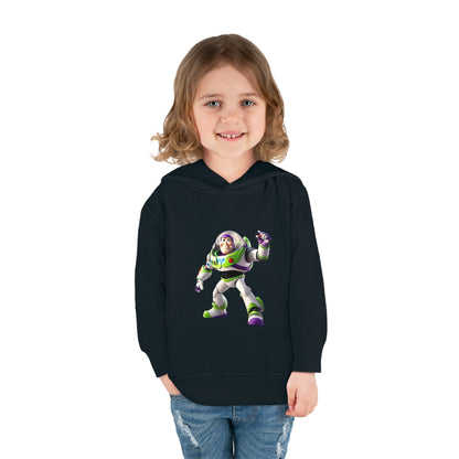 A child wearing the Buzz Lightyear Toy Story hoodie, smiling while showcasing the vibrant character print, perfect for ages 2-5.