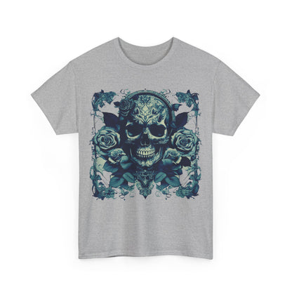 Front view of the Skulls and Roses Cotton Tee in grey, adorned with an intricate graphic of skulls and roses, a testament to alternative fashion.