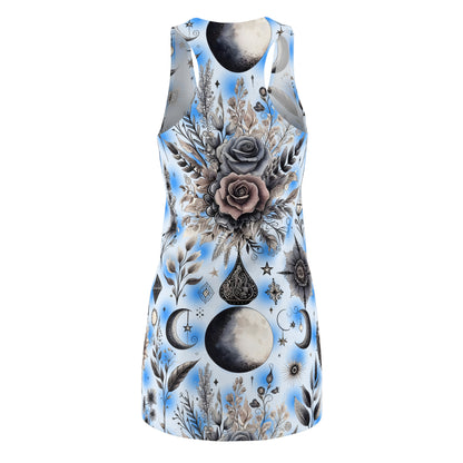 Back view of the Chic Women's Racerback Dress showcasing its elegant floral and celestial print, ideal for casual outings.