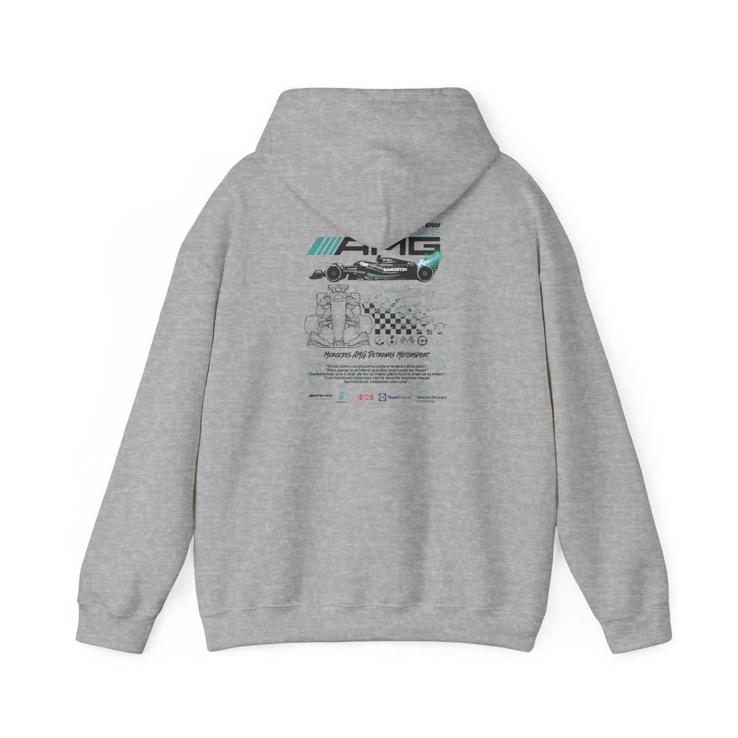Elegant grey hoodie with a striking back graphic celebrating Mercedes AMG Petronas F1 Racing Team.
