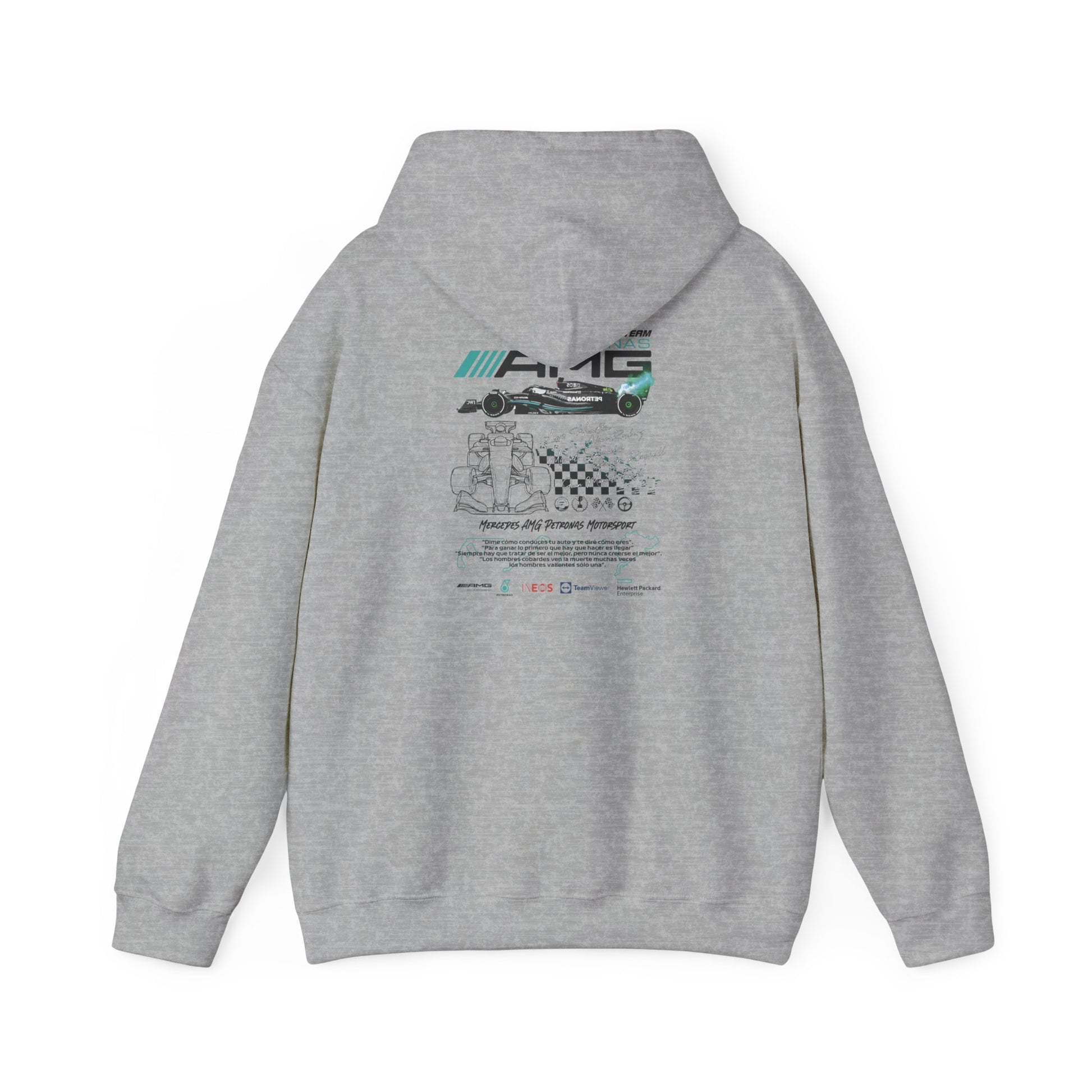 Elegant grey hoodie with a striking back graphic celebrating Mercedes AMG Petronas F1 Racing Team.