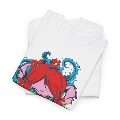 Stylish folded men's t-shirt showcasing unique skull design with red hair and floral accents, ideal for distinctive and creative wardrobes.