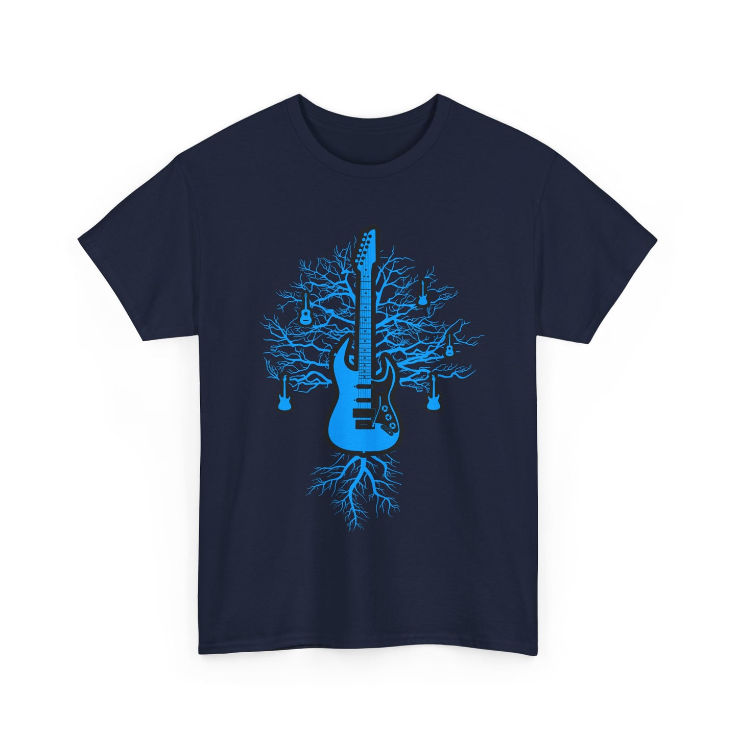 Luxurious navy men's t-shirt tailored with a striking electric guitar and tree root graphic, appealing to art and music lovers.