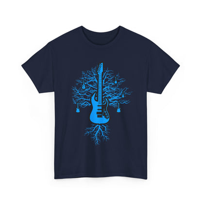 Luxurious navy men's t-shirt tailored with a striking electric guitar and tree root graphic, appealing to art and music lovers.