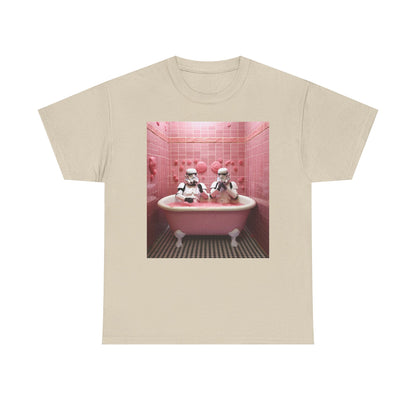 Sleek beige t-shirt with a playful design depicting Stormtroopers soaking in a pink bathtub, set in an opulent pink bathroom, perfect for adding a fun twist to luxury casual wear.