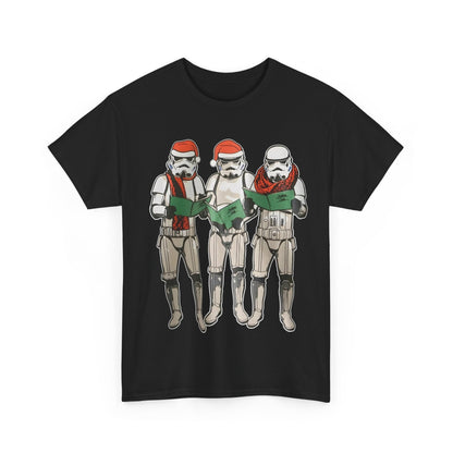 Vibrant black Carol Singing Stormtroopers Star Wars Graphic T-Shirt featuring a detailed print of cheerful Stormtroopers carolling, embracing luxury in urban fashion.