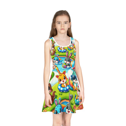 Full view of the Lila Petitjean Summer Sundress worn by a girl, highlighting its colourful design and comfortable fit, made by Dazzling Dreams Studio for summer adventures.