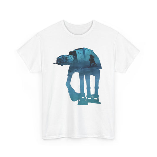Star Wars AT-ST vs Tauntaun unisex t-shirt showcasing an artistic blend of combat vehicle imagery in soft teal tones, perfect for stylish Star Wars enthusiasts.