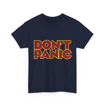 Refined Don't Panic Hitch Hikers Guide Graphic T-Shirt in navy, adorned with a striking graphic print, perfect for casual outings and sci-fi themed events.