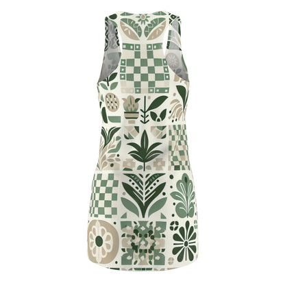 Close-up of the fabric of the Evelyn Atelier Elegant Racerback Dress, showcasing the intricate contemporary checkerboard and organic patterns in muted hues.