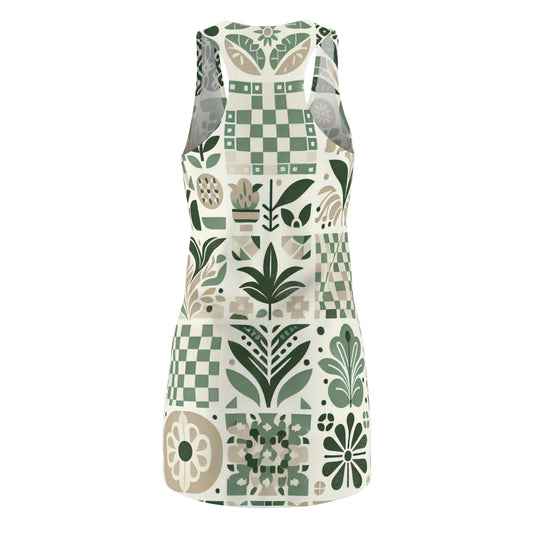 Close-up of the fabric of the Evelyn Atelier Elegant Racerback Dress, showcasing the intricate contemporary checkerboard and organic patterns in muted hues.