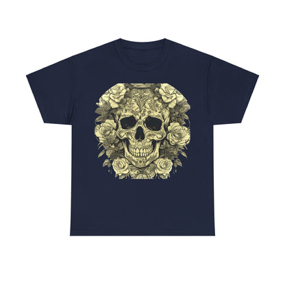 Front view of the Skulls and Roses Cotton Tee featuring a striking skull design entwined with roses, perfect for alternative fashion enthusiasts.