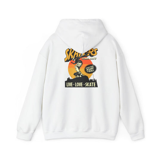 Dynamic white hoodie featuring a vibrant back graphic that celebrates skate culture with the slogan 'SKATERS GONNA SKATE', complemented by an inspiring sunrise backdrop and an urban skyline silhouette.