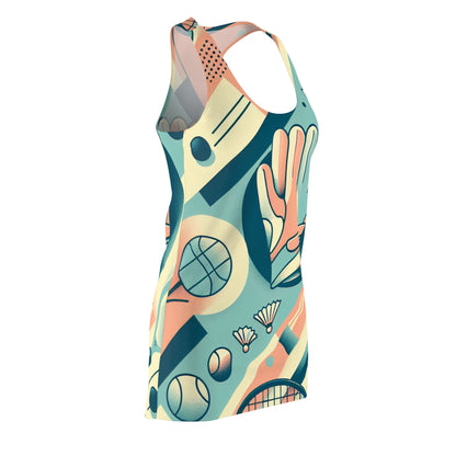 Close-up of the Valentina Sterling Racerback Dress highlighting intricate pastel sports symbols, perfect for an active and creative wardrobe.