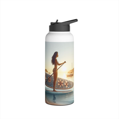 Elegant Fantasy Paddleboarding Stainless Steel Water Bottle featuring a paddleboarder against a stunning sunset, epitomising adventure and style.