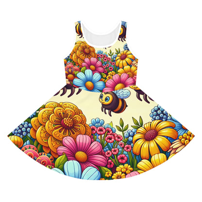 Sienna Marigold Girls Summer Sundress by Dazzling Dreams Studio featuring a vibrant floral print and whimsical bumblebee designs, perfect for summer occasions.