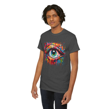 Close-up of a young man wearing the Visionary Drip Graphic Tee, featuring a striking eye design with colourful drips, ideal for artistic expression.