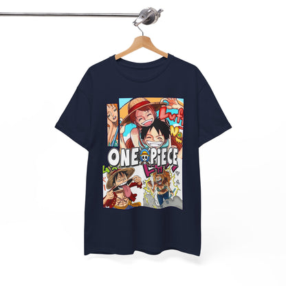 Elegant navy blue One Piece T-shirt displayed on a wooden hanger, featuring a captivating anime collage that highlights iconic characters, perfect for stylish anime enthusiasts.