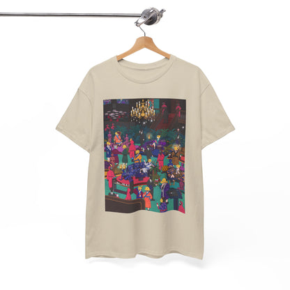 Elegant unisex graphic cotton t-shirt elegantly hung on a wooden hanger, displaying a striking Squid Game-inspired illustration, ideal for a sophisticated casual look.