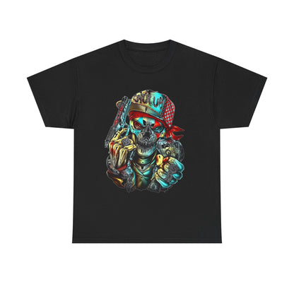 Luxury men's black t-shirt featuring a striking stylised skull graphic, adorned with a colourful baseball cap and intricate bandana, capturing a bold gangsta aesthetic.