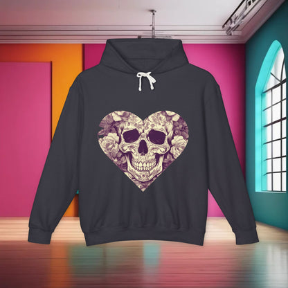 Stylish Unisex Lightweight Hooded Sweatshirt in black, featuring an exquisite designer skull and roses graphic at the front, perfect for expressing individuality.
