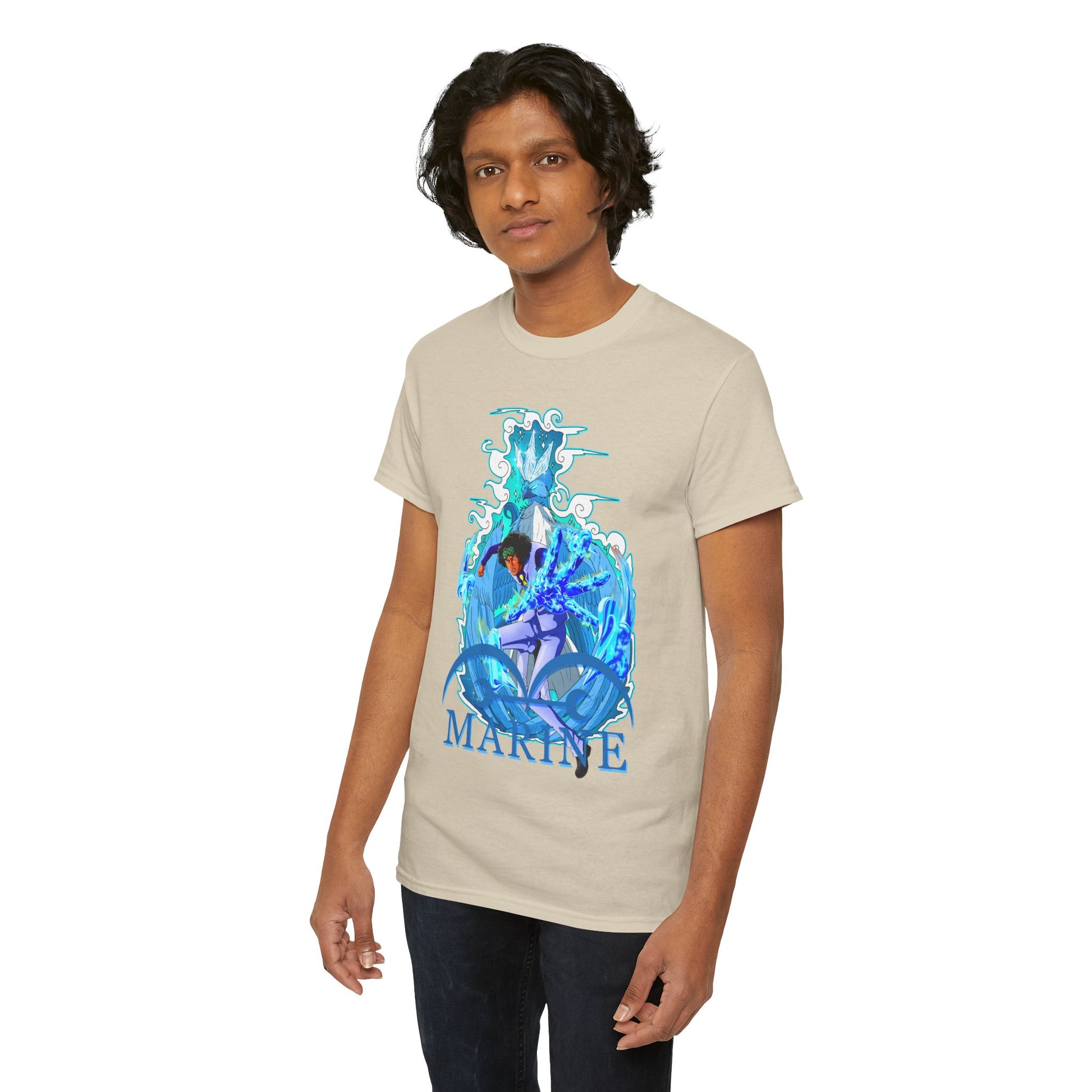 Sophisticated men's t-shirt featuring a striking marine anime design, showcasing intricate artwork and bold blue lettering reading 'MARINE'. Perfect for anime enthusiasts.