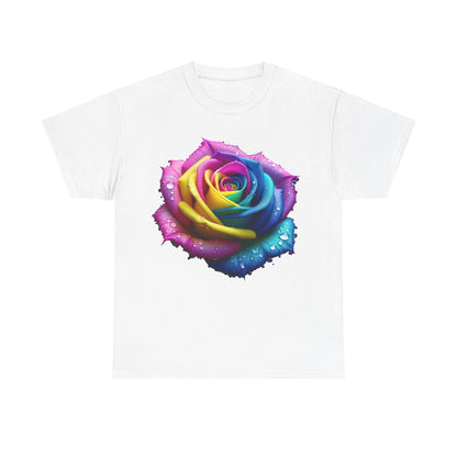 Close-Up of a Rainbow Rose Unisex Cotton Tee Graphic T Shirt Unisex featuring a stunning rainbow rose illustration with water droplets on a white background.