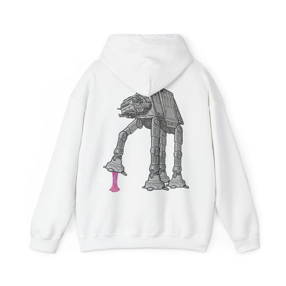 Front view of the Dynamic Back Print Hoodie featuring Rebel Gum Star Wars AT-AT with Pink Gum, emphasizing the unique artistic elements and premium fabric for a luxurious casual look.