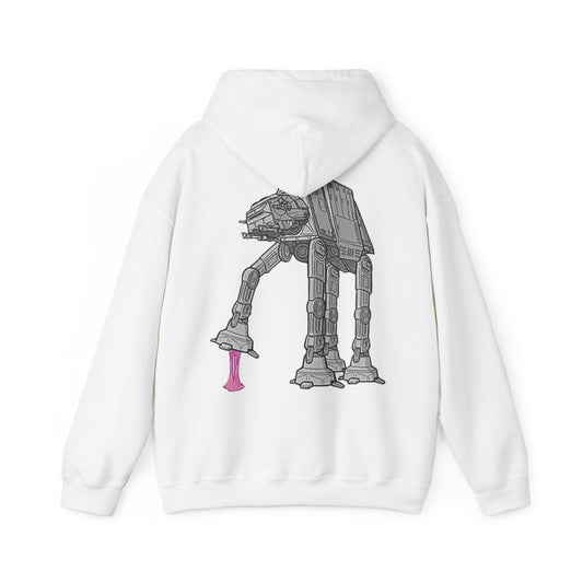 Front view of the Dynamic Back Print Hoodie featuring Rebel Gum Star Wars AT-AT with Pink Gum, emphasizing the unique artistic elements and premium fabric for a luxurious casual look.