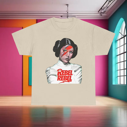 Star Wars Princess Leia Funny Mens Womens Graphic T-Shirt Unisex Cotton featuring a striking design with the words 'REBEL REBEL,' perfect for fans of iconic sci-fi and vintage aesthetics.
