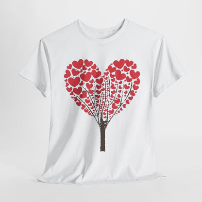 Valentines Day Lovers Gift Mens Womens Graphic T-Shirt featuring a heart-shaped tree formed by red hearts, symbolising love and connection.