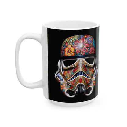Artistic Floral Stormtrooper Mug featuring a vibrant floral design over a Stormtrooper helmet, perfect for coffee or tea lovers, capturing luxury and creativity.