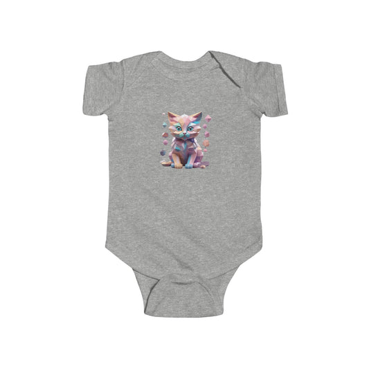 Kitten Bodysuit in grey featuring an enchanting geometric kitten design, perfect for stylish infants, available in five luxurious colours.