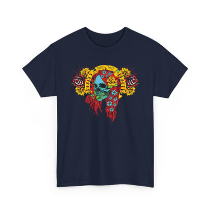 Front view of a striking navy blue men’s t-shirt featuring an intricate graphic design showcasing a vibrant skull intertwined with floral elements, exemplifying edgy elegance and artistic flair.