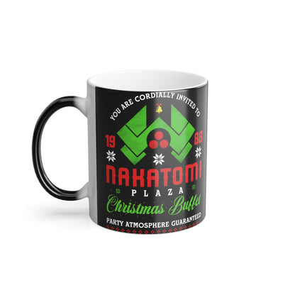 Sophisticated Nakatomi Plaza Christmas Invite 1988 Colour Morphing Mug revealing festive elements; a must-have for holiday enthusiasts.