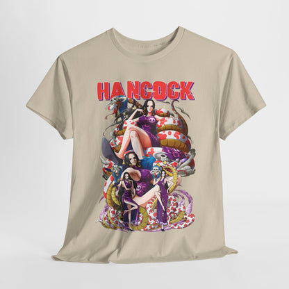 Stylish casual Hancock men's t-shirt presented in an artistic layout, features bold graphics of the character Hancock, ideal for showcasing anime fandom.