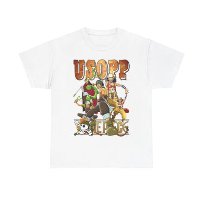 Elegant white t-shirt showcasing an artistic portrayal of Usopp and renowned anime characters, designed with rich colours and intricate detailing that celebrate the essence of anime culture.