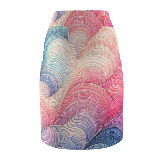 Valentina D'Ambrosio Artistic Pencil Skirt in Pastel Pink, Purple & Blue Hues - High-Quality Comfort, showcasing a beautiful gradated design that flows gently from pink to blue.