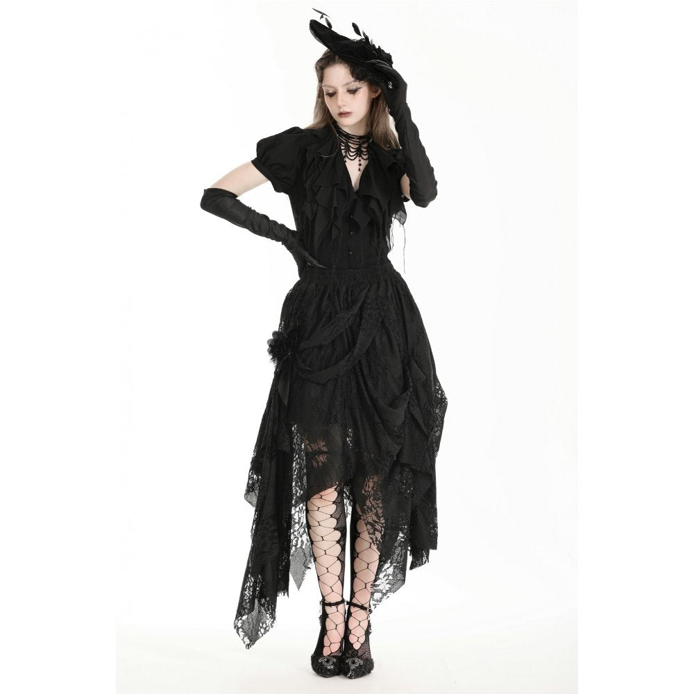 Full view of the Dark in Love Abella Distressed Lace Midi Skirt styled with dynamic layers of lace, exuding elegance and sophistication for a distinctive look.