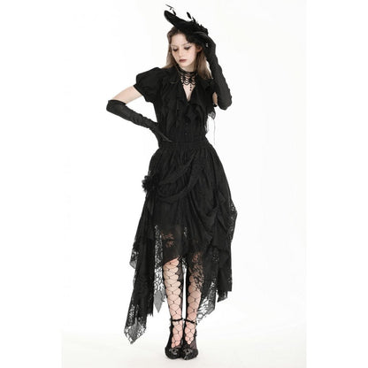 Full view of the Dark in Love Abella Distressed Lace Midi Skirt styled with dynamic layers of lace, exuding elegance and sophistication for a distinctive look.