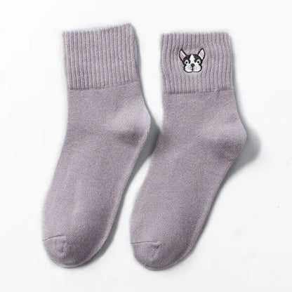 Cozy Women's Cotton French Bulldog Embroidered Socks in soft lavender, showcasing a whimsical French Bulldog embroidery on the cuff. A luxurious gift for dog lovers.